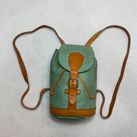 VINTAGE Burrow Leather Portland Oregon Mini Backpack Green Tan Barrel - Picture 2 of 12